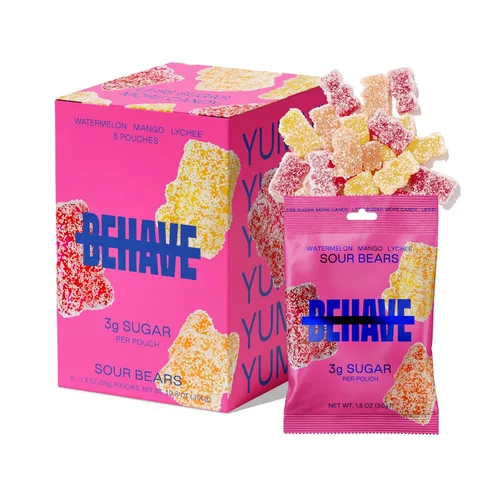 BEHAVE Caramelos de Goma Bajos en Azúcar (Ositos Agrios Paquete de 6) | Keto, Apto para Diabéticos, Alto en Fibra, Sin Gluten y Sin OGM