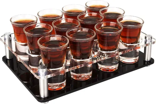 D&Z Vasos de chupito de 1 onza con soporte, juego de 12 vasos de chupito de base pesada, fácil de transportar sin derrames, recipientes para beber