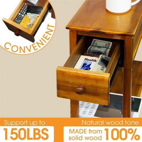 Miniatura 4 de ENKEZI Mesa auxiliar estrecha con cajón y estante, mesa auxiliar delgada para espacios pequeños, mesita de noche para dormitorio o sala de estar