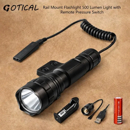 Miniatura 2 de Gotical Linterna de montaje en riel de 500 lúmenes con interruptor de presión remoto, haz blanco de 1 modo, montaje integral y cargador incluidos