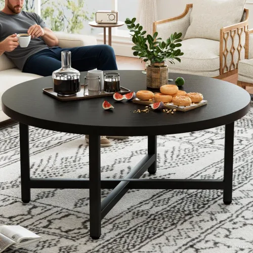Miniatura 7 de Mesa de Centro, Mesas de Centro Grandes de 31.5", Mesas de Centro Redondas Negras para Sala de Estar, Mesa de Piso para Sentarse en el Suelo, Mesa
