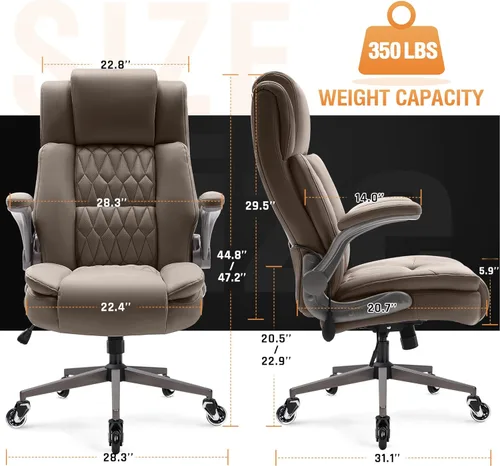 Miniatura 3 de Silla de oficina grande con respaldo alto, soporte lumbar ajustable, brazos abatibles, ruedas silenciosas resistentes, base de metal, cuero Caqui