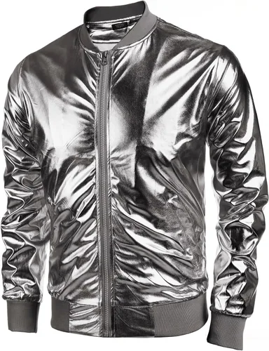 Miniatura 2 de COOFANDY Chaqueta metálica para hombre, diseño de los años 70, disco y fiesta de Navidad, chaqueta universitaria con cremallera