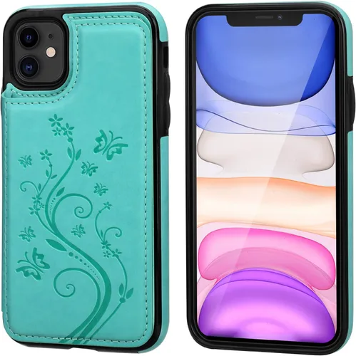 Miniatura 3 de Vaburs Funda compatible con iPhone 11 con tarjetero y diseño de mariposa en relieve, piel sintética de alta calidad, doble botones magnéticos, a