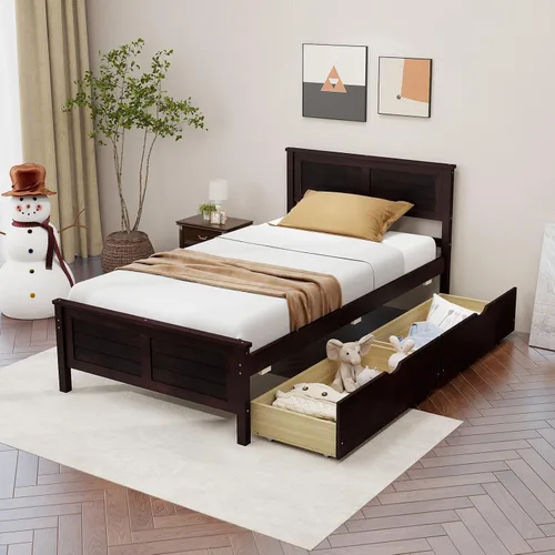 Miniatura 8 de Giantex Cama individual de madera con 2 cajones de almacenamiento, plataforma de madera maciza con cabecero, base de colchón de soporte de listones