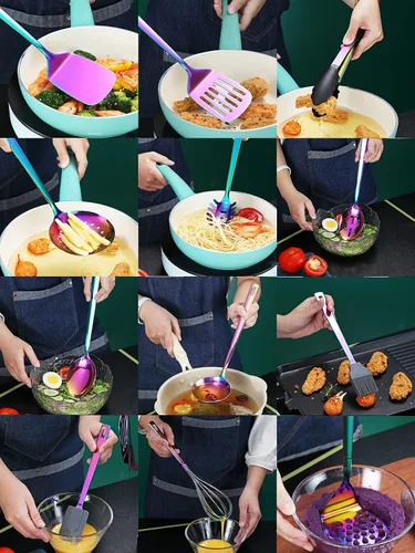 Miniatura 7 de Juego de utensilios de cocina de arco iris, Kyraton de acero inoxidable con 37 piezas, juego de herramientas de cocina con estante de utensilios