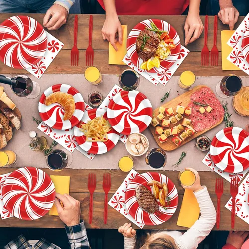 Miniatura 8 de Juego de 96 platos de papel de caramelo de menta de Navidad, suministros de fiesta, suministros de fiesta de caramelo y menta para vacaciones