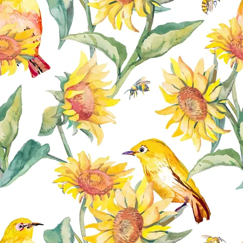 VaryStyle Papel tapiz vintage de girasol de 17.7 x 118 pulgadas, acuarela amarillo brillante/verde, pájaros florales, despegar y pegar, papel de