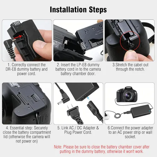 Miniatura 6 de ACK-E8 Adaptador de corriente de CA DR-E8 Kit de acoplador de CC de reemplazo de batería LP-E8 para cámaras Canon EOS Rebel T5i T4i T3i T2i 700D