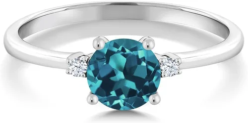 Miniatura 2 de Gem Stone King Anillo de compromiso de oro blanco de 10 quilates con topacio azul Londres y zafiro blanco creado para mujer 078 quilates redondo