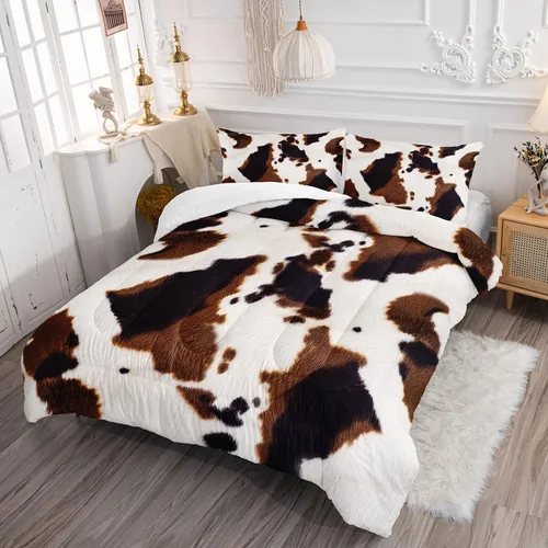 Miniatura 2 de Axolotl Juego de ropa de cama de cuero de vaca occidental, juego de edredón con estampado de vaca marrón y blanco para niños, niñas, adolescentes