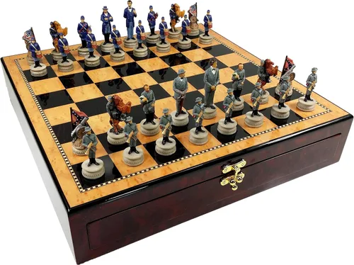 HPL Juego de ajedrez de generales de la guerra civil estadounidense con 17 pulgadas de alto nogal oscuro y tablero de almacenamiento brillante de