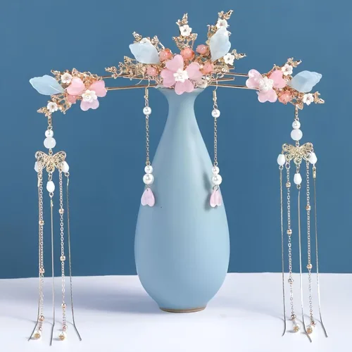 Miniatura 5 de Juego de 5 accesorios para el cabello chino Hanfu, palitos de pelo con borlas florales rosas, peine con aretes, horquillas de pelo vintage