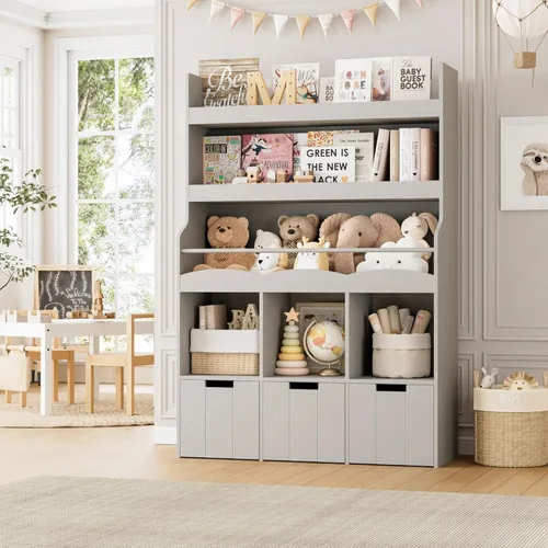 Miniatura 8 de HITHOS Estantería infantil de 55.3 pulgadas de alto con organizador de almacenamiento de juguetes, estante alto para libros con 3 contenedores Verde