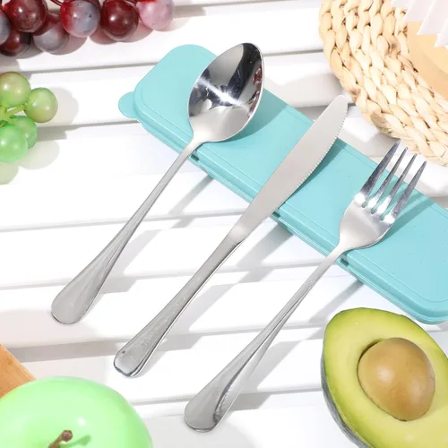Miniatura 4 de Yinkin - Juego de 4 piezas de cubiertos portátiles para viajes con estuche, cubiertos reutilizables de acero inoxidable para camping, incluye