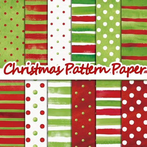 Whaline 24 piezas de papel con patrón de acuarela de Navidad rojo y verde, papel especial a rayas de lunares de doble cara para manualidades,