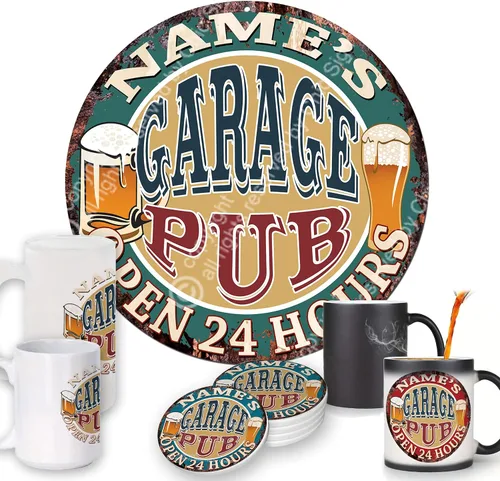 Any Name'S Any Text Garage PUB - Tazas personalizadas de Chic Sign estilo rústico, estilo vintage, retro, cocina, bar, pub, cafetería, decoración de