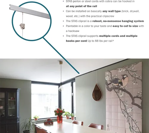Miniatura 5 de STAS Cliprail - Juego de sistema para colgar cuadros, cubre 9.84 pies de espacio de pared, riel básico para fotos y kit de galería para colgar arte