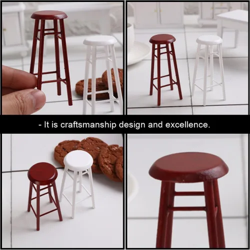 Miniatura 6 de Juego de 2 taburetes altos en miniatura, accesorios de muebles para casa de muñecas, taburetes de bar de plástico marrón para decoración de mini