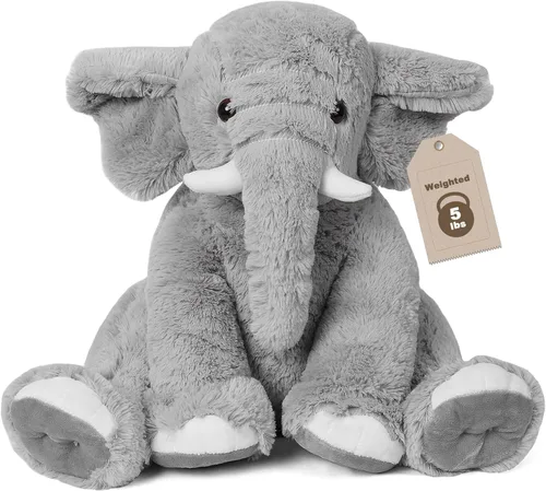 JellyMallow Animales de peluche con peso de elefante, 5 libras y 16 pulgadas, color gris, almohada grande de peluche de elefante con peso, regalo
