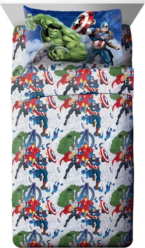 Miniatura 4 de Marvel Avengers Blue Circle - Juego de ropa de cama individual de 4 piezas, incluye edredón reversible y juego de sábanas, poliéster súper suave
