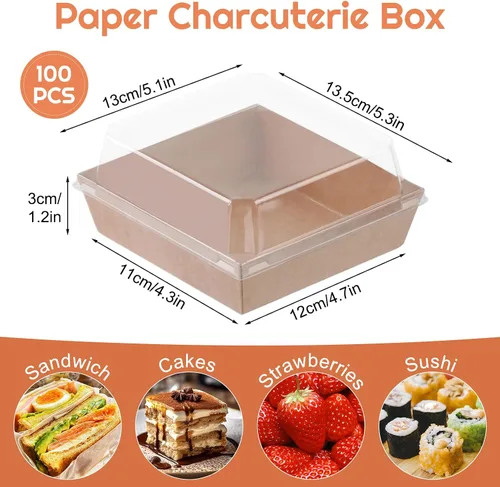 Miniatura 2 de Paquete de 100 cajas de charcutería con tapas transparentes, recipientes cuadrados desechables de 5.5 x 4.9 x 2.4 pulgadas, cajas de postre, cajas