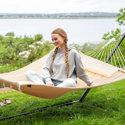 Miniatura 2 de SUNCREAT Hammocks Hamaca doble extragrande con soporte de 12 pies, capacidad de 475 libras, hamaca portátil al aire libre con barra separadora