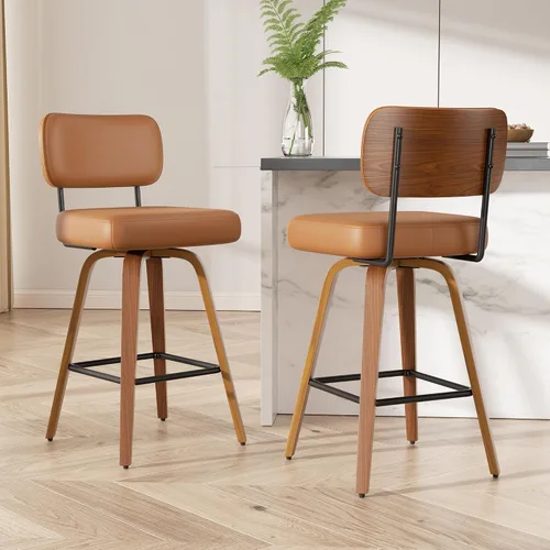 Miniatura 65 de Juego de 1 taburete de bar giratorio, taburetes de bar tapizados de 26" de altura para encimera con respaldo de nogal y patas de madera curvada