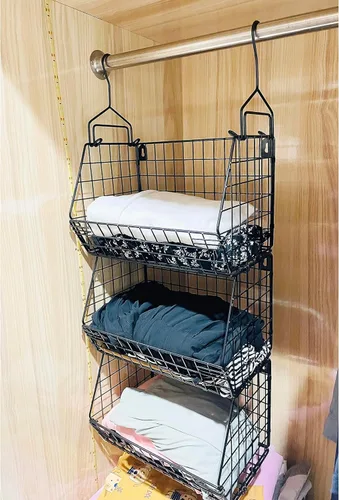 Miniatura 2 de Cestas de alambre plegables colgantes de 3 niveles, estante organizador de armario con almacenamiento de ropa, montaje en pared o encimera