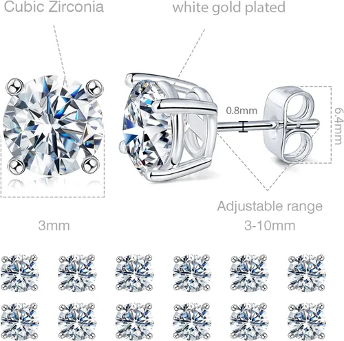 Miniatura 2 de Aretes de tuerca chapados en oro blanco de 18 quilates de 3 a 0.315 in con circonita cúbica redonda, paquete de 6 pares