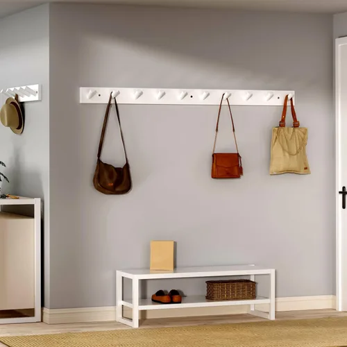 Miniatura 3 de SKOLOO - Perchero de pared de madera con 10 ganchos largos de bambú para colgar mochila, abrigo, toalla o sombrero, con 16 pulgadas de orificio a
