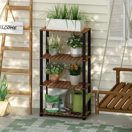 Miniatura 2 de Furinno Pangkor Turn-N-Tube - Estante de madera para plantas de interior y exterior de 4 niveles con postes cuadrados, color natural/negro