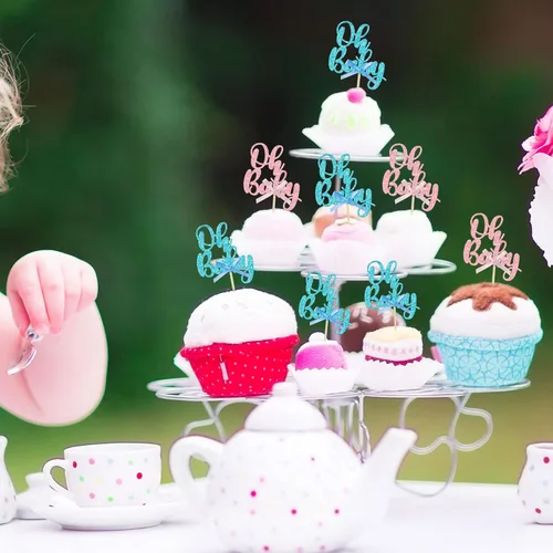 Miniatura 5 de Gyufise 36 piezas de decoraciones para cupcakes Oh Baby, arcoíris rosa y azul con purpurina, para baby shower, revelación de género, cupcakes para B