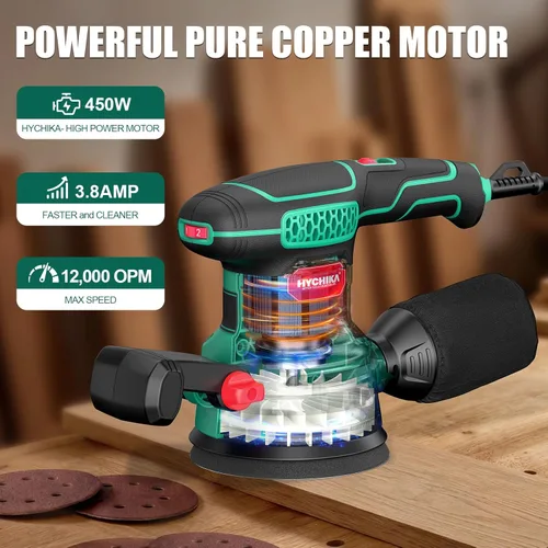 Miniatura 3 de Lijadora Orbital 3.8Amp 450W, HYCHIKA 6 Velocidades Variables Doble Mango Lijadora de Palma Orbital Aleatoria Eléctrica, Lijadora Eléctrica de 5