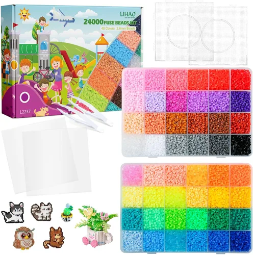 LIHAO Kit de mini cuentas de fusible de 2.6mm para manualidades, 24000 piezas, 48 colores, kit de cuentas de fusible multicolor para planchar,