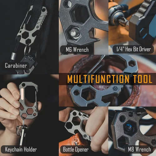 Miniatura 3 de KeyUnity KU01 Llavero de titanio con mosquetón multiherramienta, soporte para llaves de mosquetón, llaves de tornillo, soporte para brocas