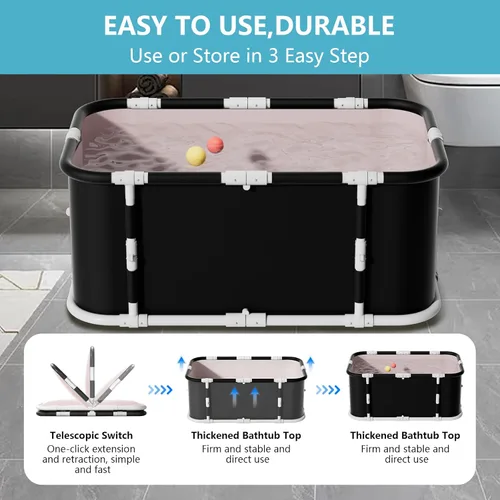 Miniatura 3 de Simcat Bañera plegable portátil grande de 45 pulgadas con marco de metal para adultos (3.9 ft negro puro incluye cojín y tubo de drenaje)