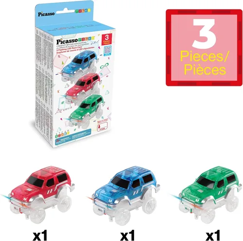 Miniatura 3 de PicassoTiles Juego de 3 autos de juguete magnéticos con luz LED, altamente detallado, compatible con imán, carreras, pistas de carreras, accesorios