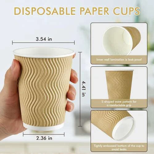 Miniatura 3 de 80 tazas de café de 12 onzas, tazas de papel de pared con aislamiento ondulado, tazas de papel a prueba de fugas para café, té, cacao, perfectas