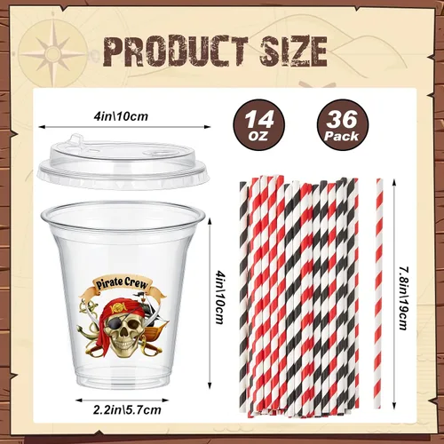 Miniatura 2 de Qinyoung Juego de 60 vasos de plástico pirata a granel de 14 onzas con temática del tesoro pirata, suministros de recuerdo para fiesta, café helado
