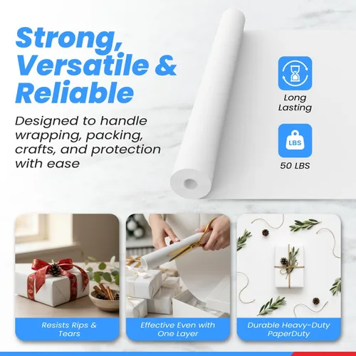Miniatura 4 de Rollo jumbo ancho de papel kraft blanco fabricado en EE.UU. de 48" x 1200" (100 pies), ideal para envolver regalos, arte y manualidades, correo