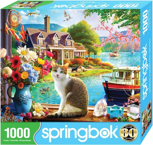 Miniatura 2 de Springbok Crisp Morning - Rompecabezas de 1000 piezas para adultos y familias, cuenta con un gato disfrutando de una vista junto al lago