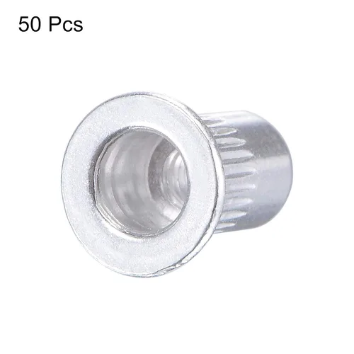 Miniatura 4 de uxcell Tuercas de remache M3 aleación de aluminio moleteado cabeza plana roscada tuerca de inserción plateada 50pcs
