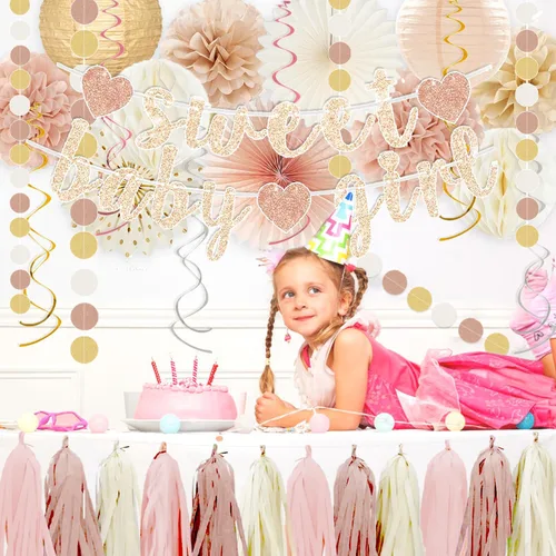 Miniatura 7 de Conjunto de decoraciones para baby shower de otoño en tonos champán-dorado y beige - Dulce cartel de Baby Girl, linternas de papel blanco