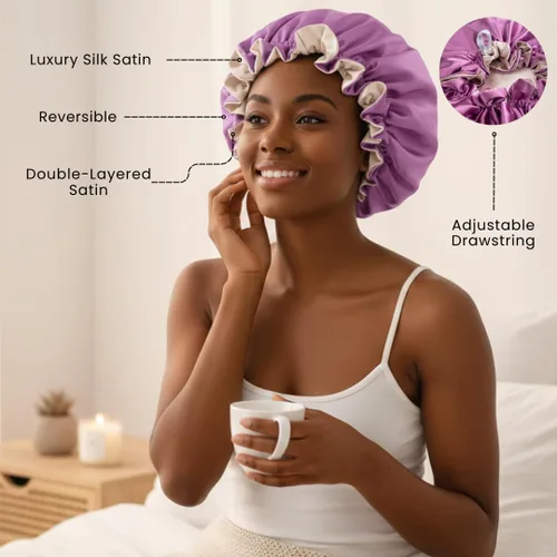 Miniatura 3 de Gorro de pelo para dormir, gorro de noche con clip ajustable, gorro reversible para el cabello para mujer, gorro de satén de seda