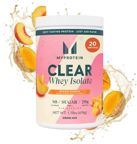 Myprotein Clear Whey Isolate Protein Powder, 1.1 lb (500 g) (20 porciones) Sabor melocotón y mango, 20 g de proteína por porción, mezcla de bebida