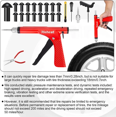 Miniatura 8 de Richcat Kit de Reparación de Pinchazos de Neumáticos sin Cámara con Tapón de Hongo, Repara Pinchazos y Neumáticos Desinflados para Motocicletas