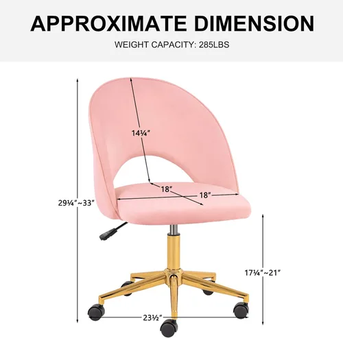 Miniatura 2 de Furnimart Silla de escritorio sin brazos rosa, silla de tocador giratoria de terciopelo con patas doradas, linda silla de tareas con ruedas