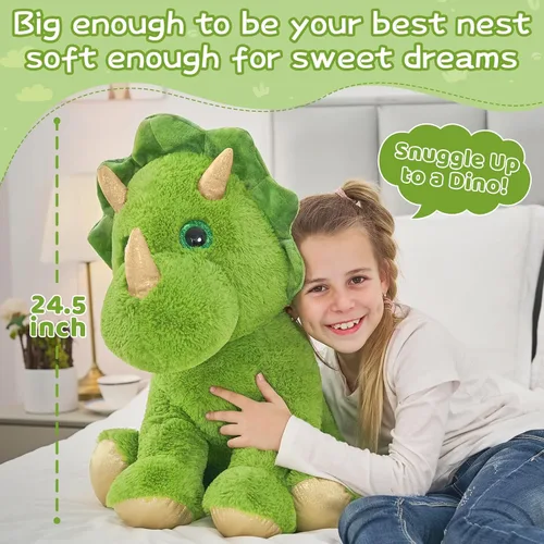 Miniatura 2 de Muiteiur Triceratops - Animal de peluche gigante de dinosaurio para mamá con 3 bebés pequeños, juguete de dinosaurio de felpa suave verde, regalo