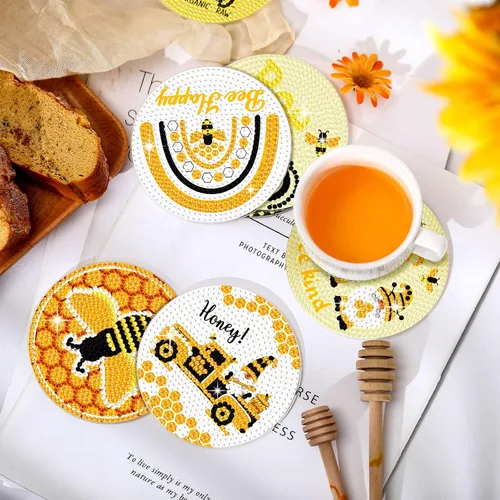 Miniatura 2 de Shellwei Juego de 8 posavasos de pintura de diamantes de abeja de verano, arte de diamantes de abeja de miel con soporte, posavasos de pintura